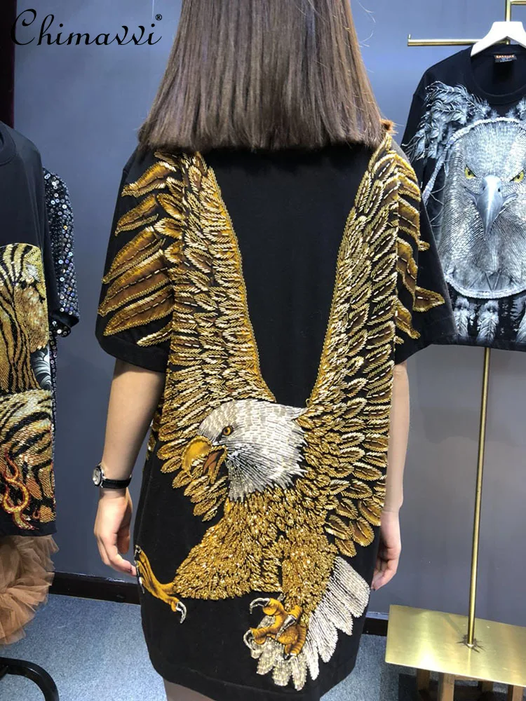 New Tees Summer Fashion Handmade Beaded Sequined Eagle Wings Loose T-shirt Loose Pullover Cotton Short Sleeve Printed Tshirts