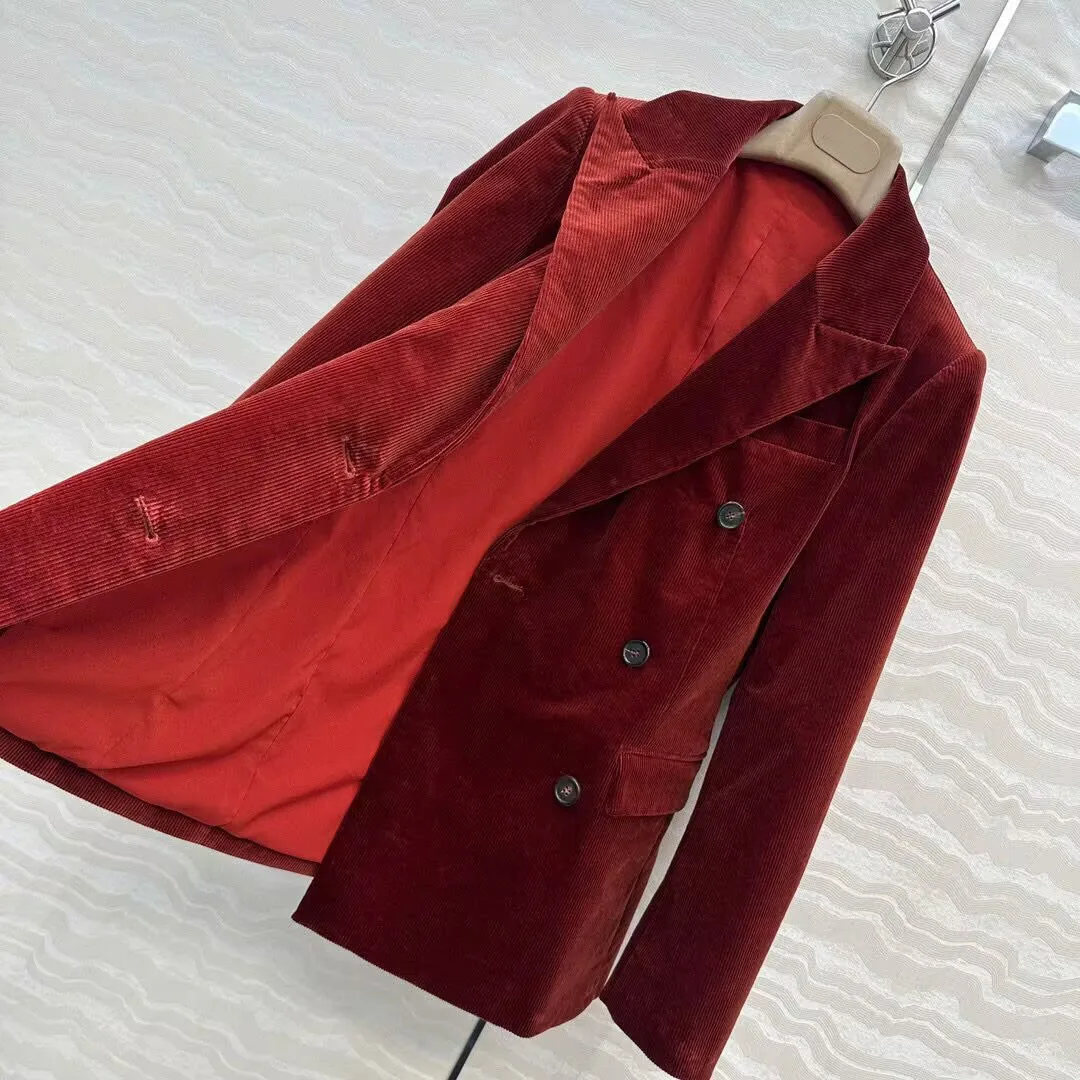 Vintage vieille argent Style bordeaux velours côtelé Blazer veste femmes nouveau automne cranté Double boutonnage à manches longues bureau costume manteau