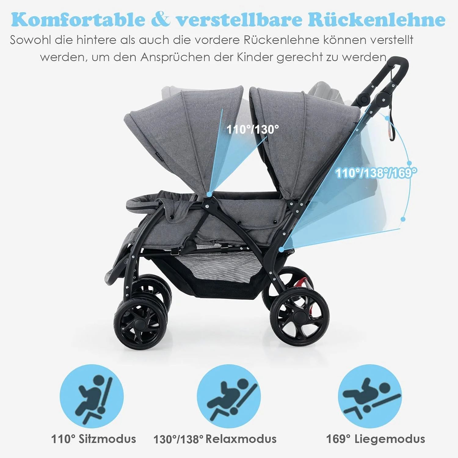 Klappbarer Doppelkinderwagen, Doppelkinderwagen mit verstellbarer Rückenlehne und Kapuze, Reisebuggy mit Liegefunktion – Detail 4
