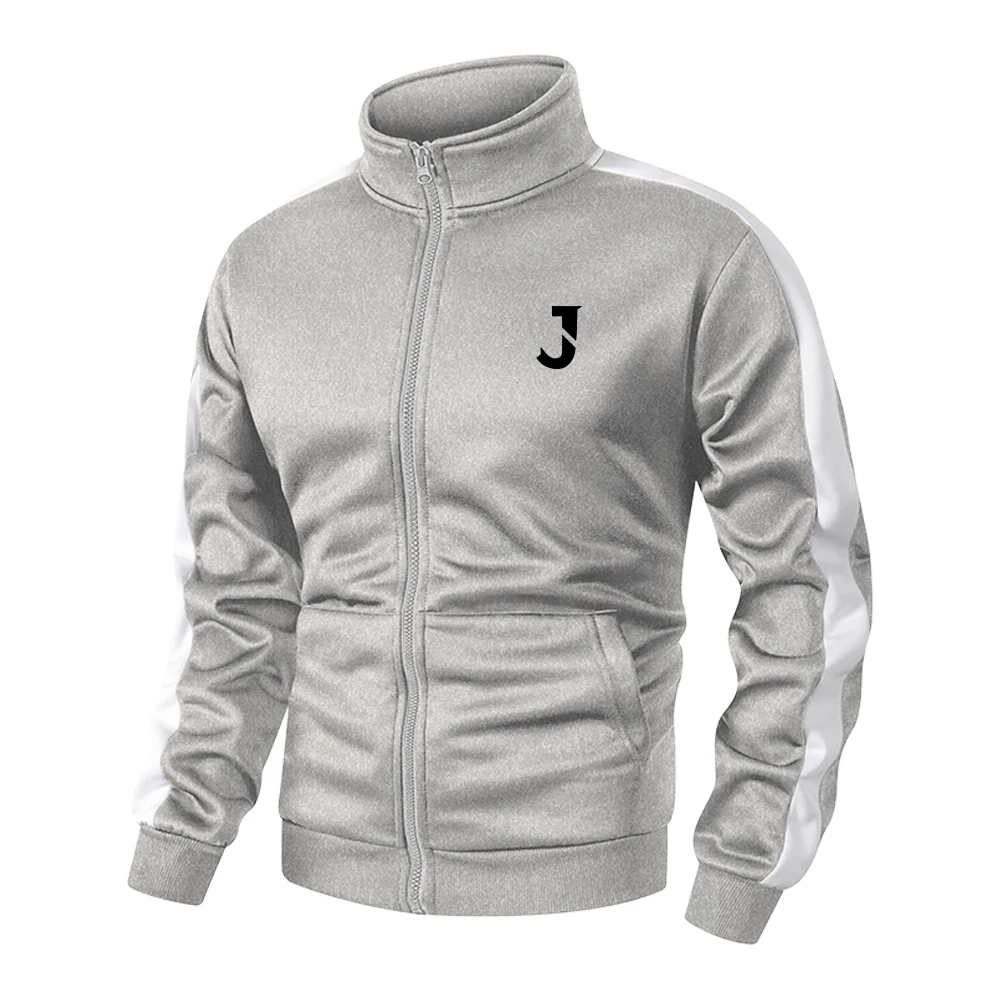 Men's Letter J Print Stand Collar Zipper Jacket For Spring And Autumn Outdoor Running Fitness Training Casual Sports Jacket
