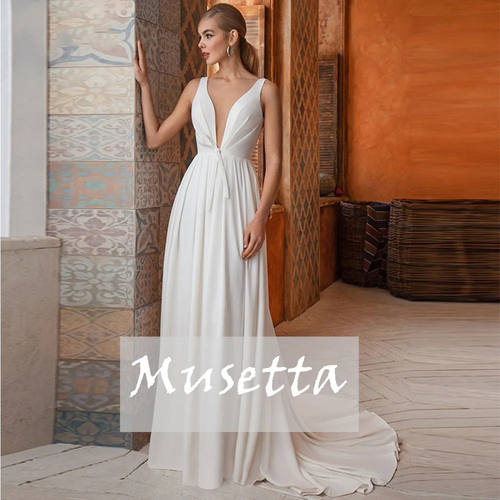 

Musetta Deep V-Neck A-Line Satin Wedding Dresses Backless Sleeveless Draped Court Train Bridal Gown Civil Vestidos De Novia