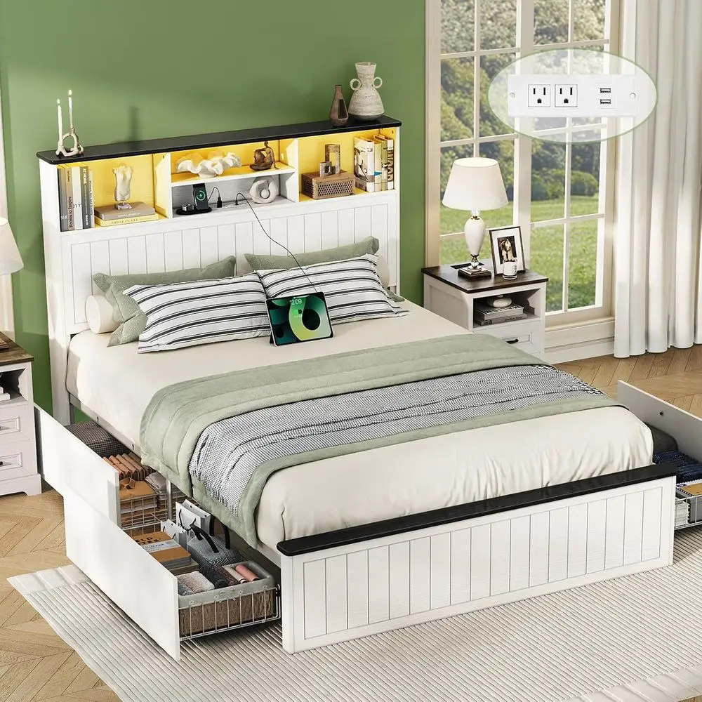 Queen Size Farmhouse Style Wood Bed Frame with Headboard, 4 Storage Drawers, Platform Bed with Charging Station, LED Light, Nois
