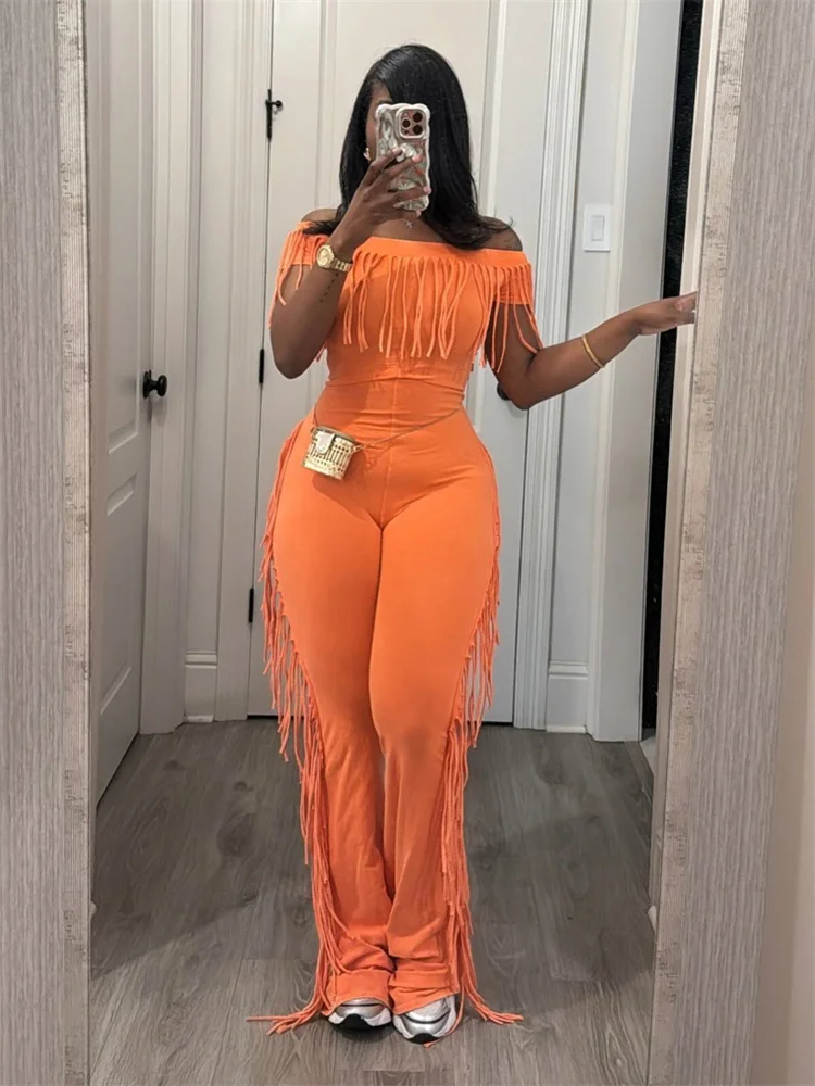 

Tassel Patchwork Jumpsuits Women Slash Neck Short Sleeve Skinny Peach Hip 2025 Summer Street New Trend Solid Overalls