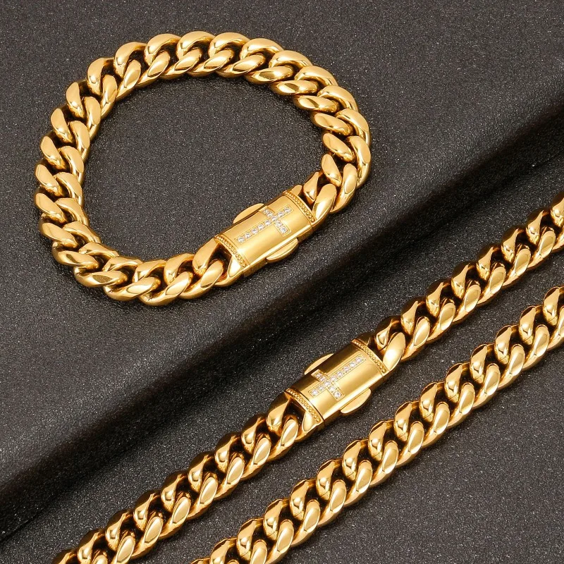 

12MM Gold Miami Cuban Link Chain Men's Hip Hop Bracelet Necklace with Quick Release Clasp & Diamond Cross Charm