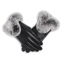 1 Paar Frauen Winter warme Handschuhe Frauen Dame schwarz pu Leder handschuhe Herbst Winter warme Kaninchen fell handschuhe Wärme wärmer Fäustlinge