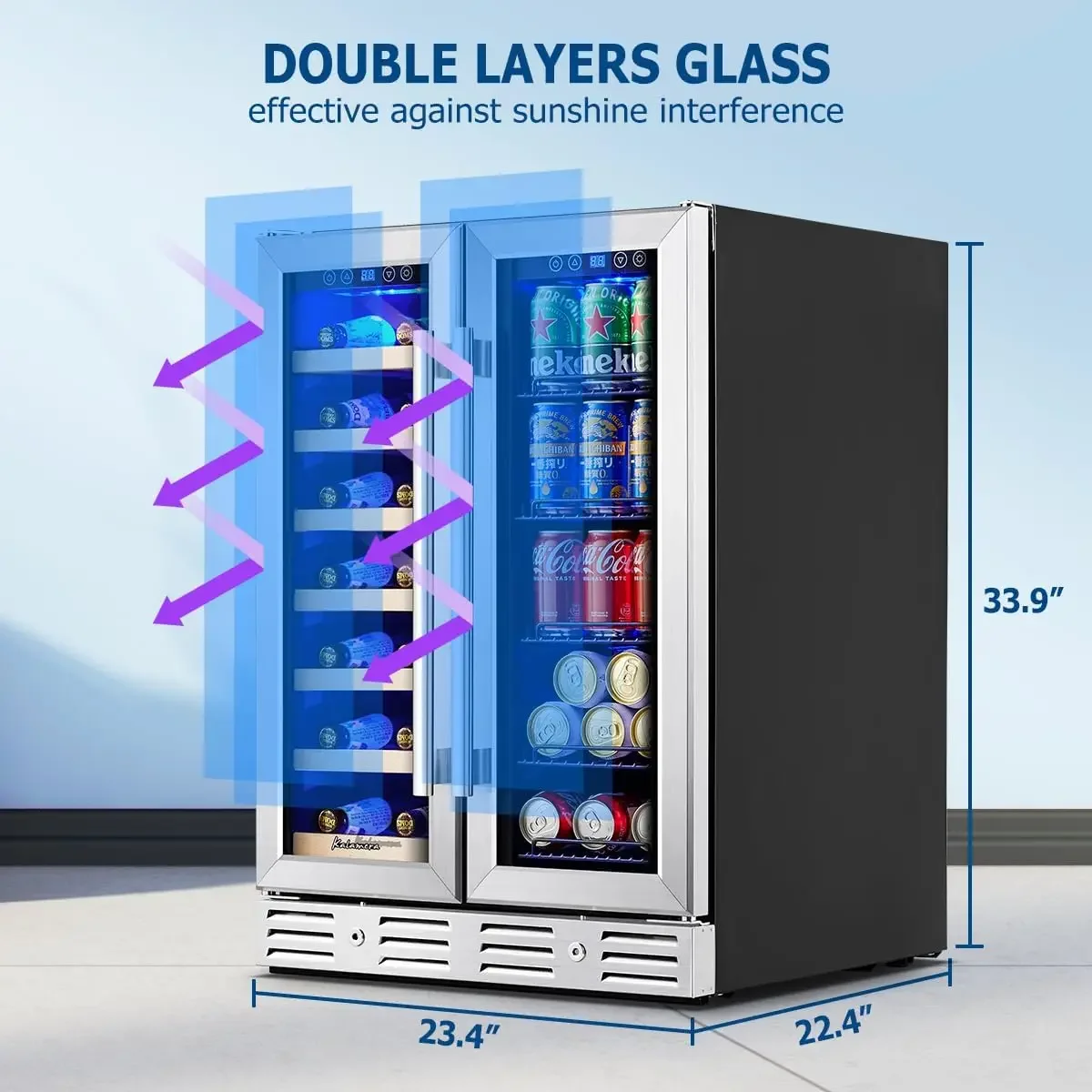 ثلاجة النبيذ والمشروبات، ثلاجة النبيذ مقاس 24 بوصة ذات منطقة مزدوجة تحمل 21 زجاجة و77 علبة، مدمجة في أو تحت العداد
