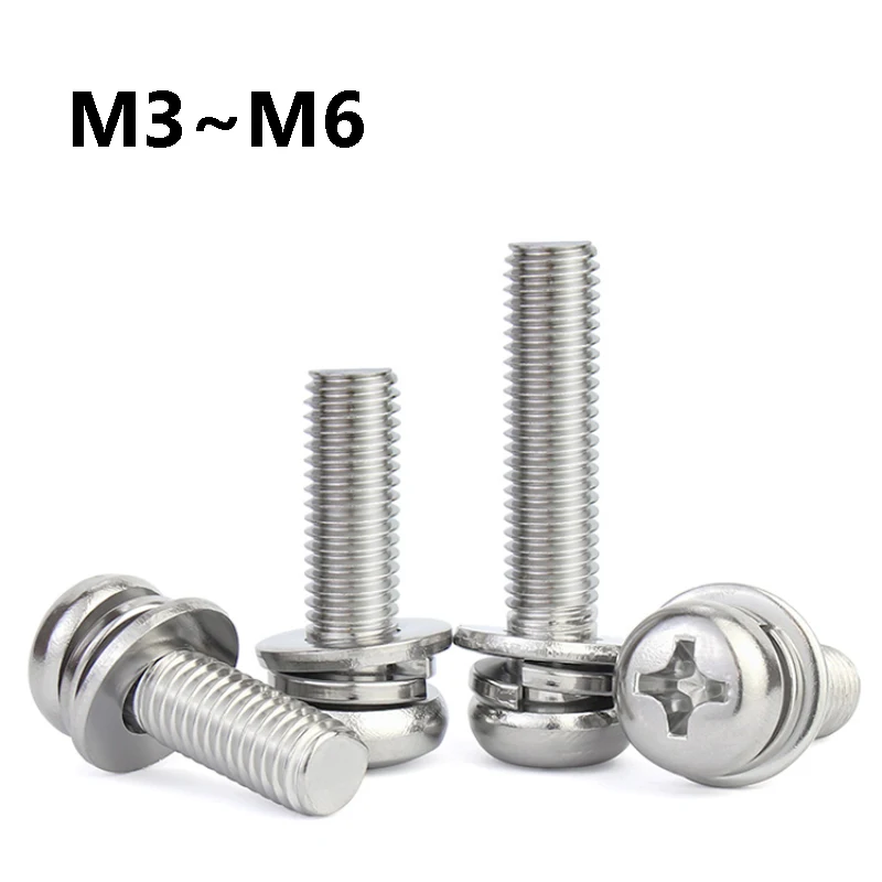 2~10Pcs 316 Stainless Steel Cross Round Phillips Pan Head SEM Screw M3 M4 M5 M6 Flat Washer Spring Gasket Machine Sems Screw