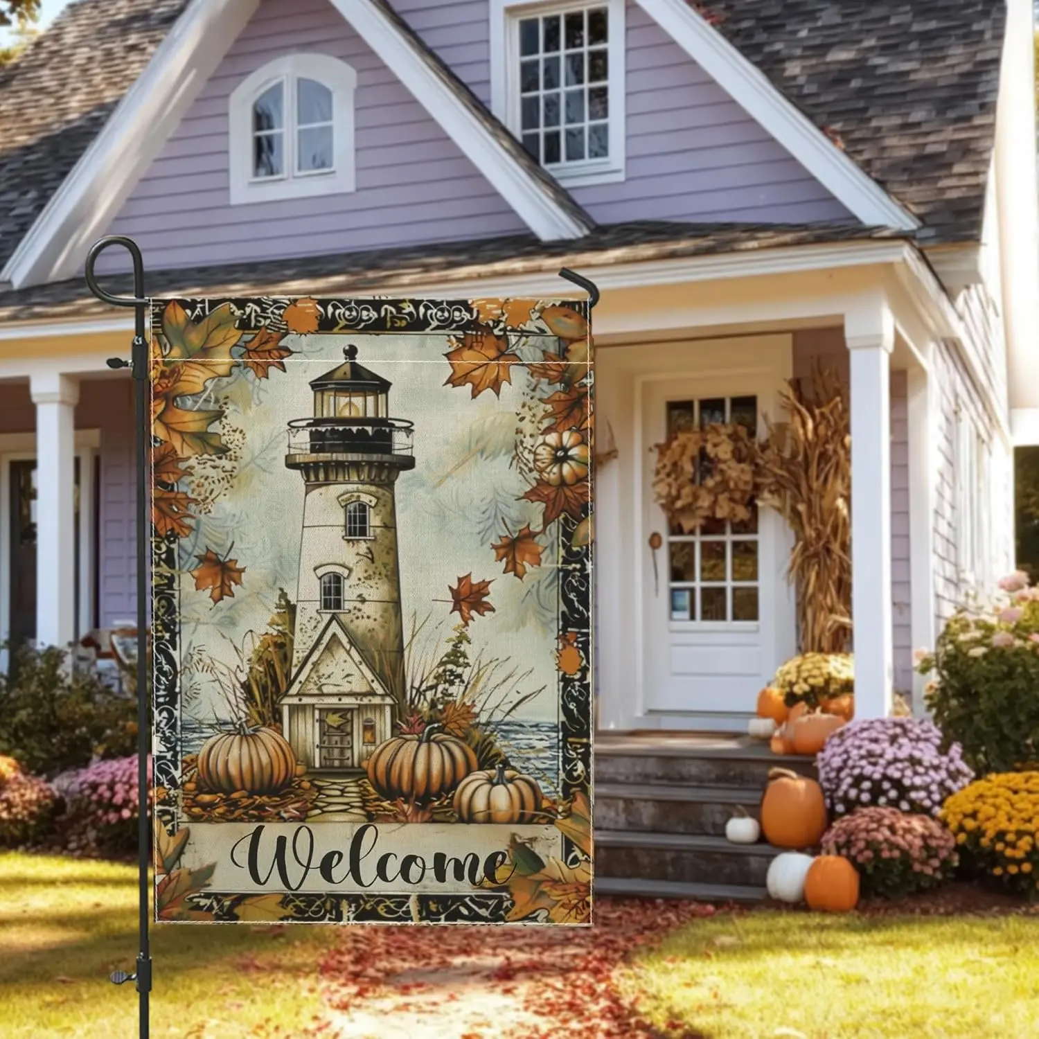 Autumn Lighthouse Garden Flag, Orange Pumpkin Leaves Welcome Home Decor Banner, Double Sided Burlap Yard Flag Seasonal Outdo KZA