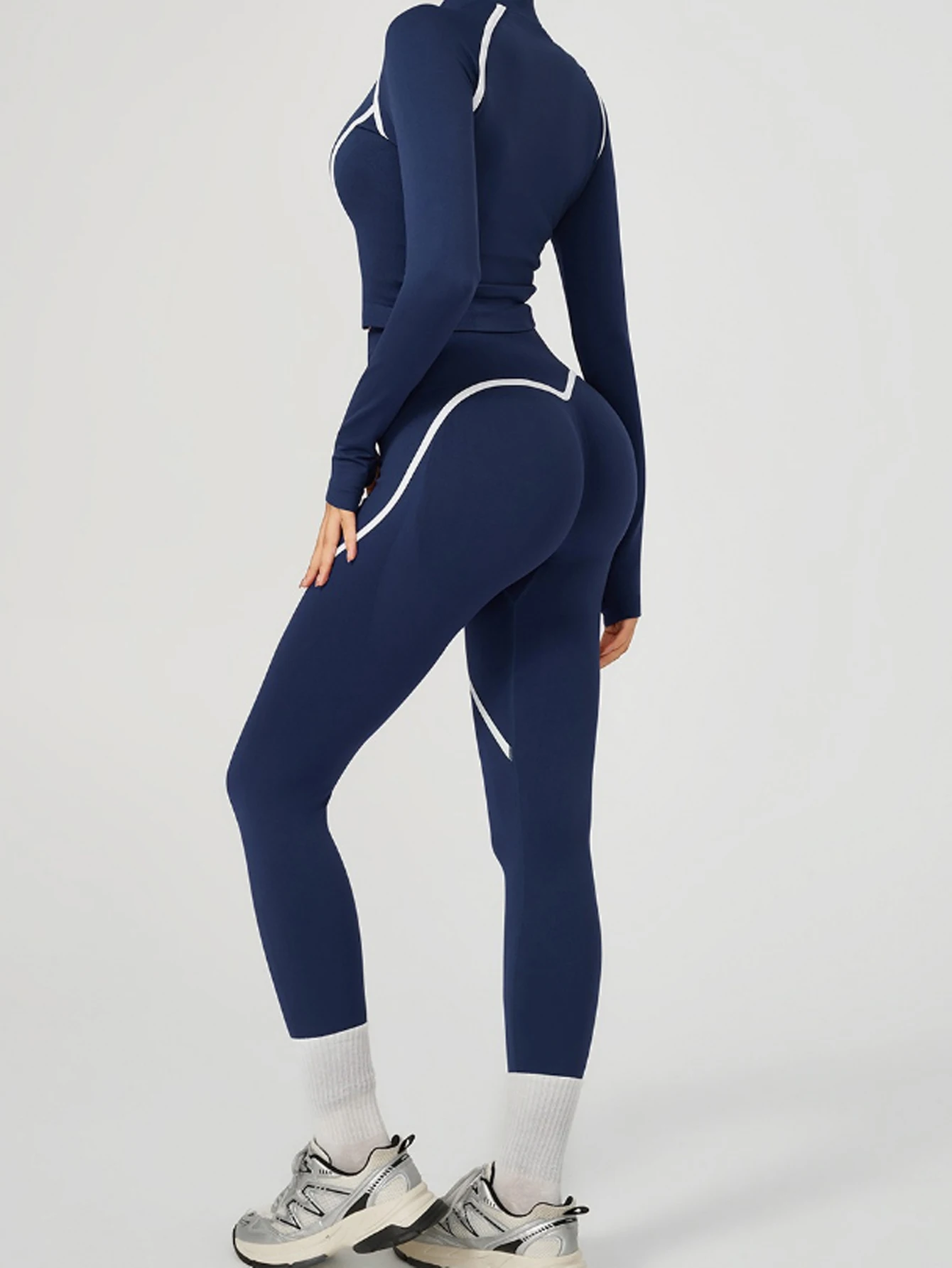 Ladies' sporty line zipper long-sleeved top and tight pants yoga two-piece set, fitness wear set