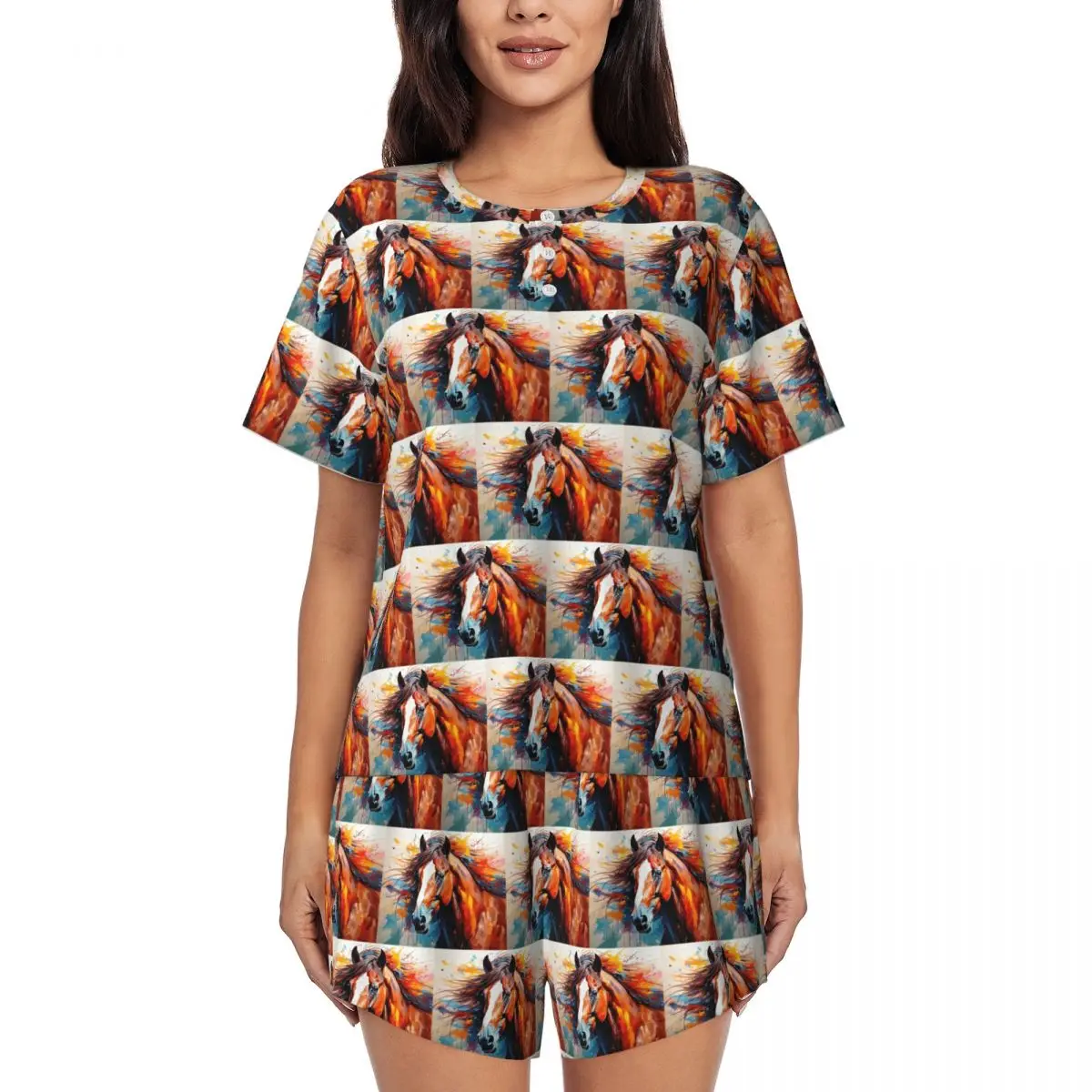 

Ночные рубашки с круглым вырезом и коротким рукавом с художественным принтом «Лошадь», свободные пижамные комплекты для сна, женские свободные пижамы с короткими штанами