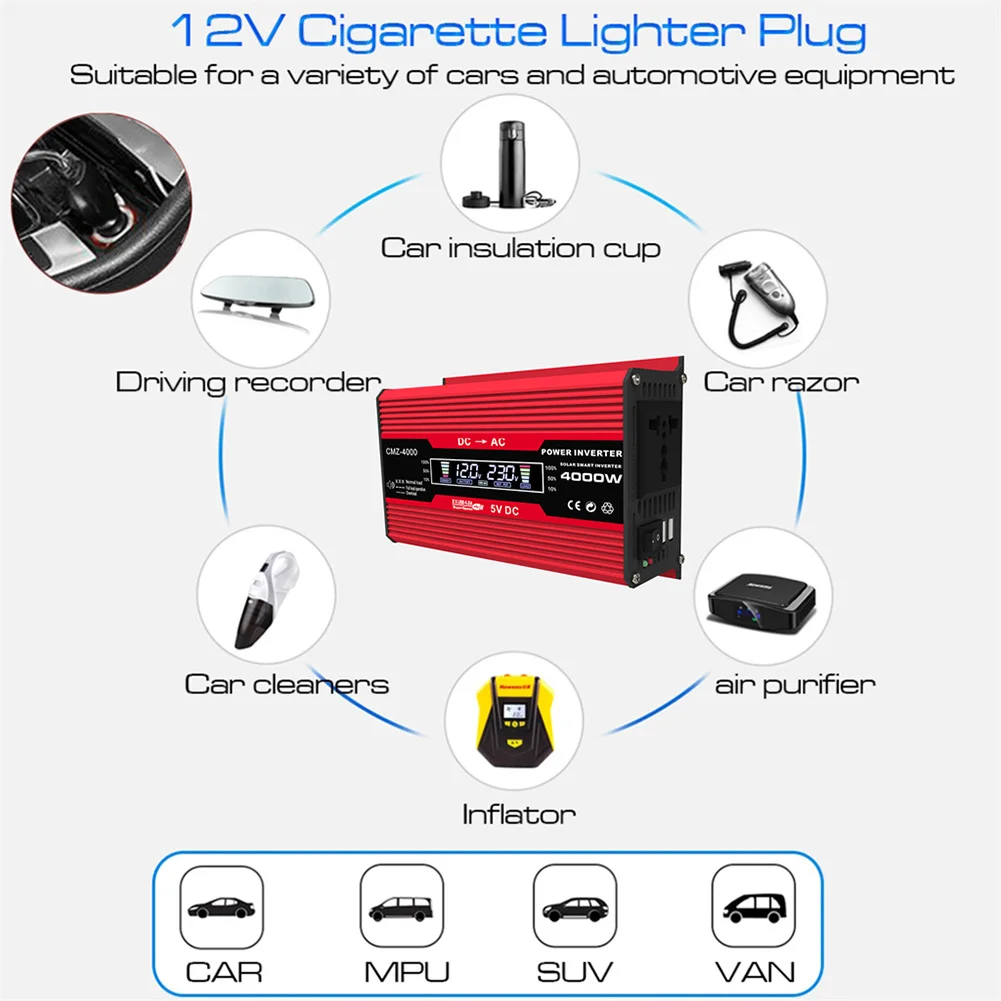 

Voltage Transformer Car Adapter 4000W 12V to 110V/220V Dual USB Inverter LCD Display Modified Sine Wave Charge Converter