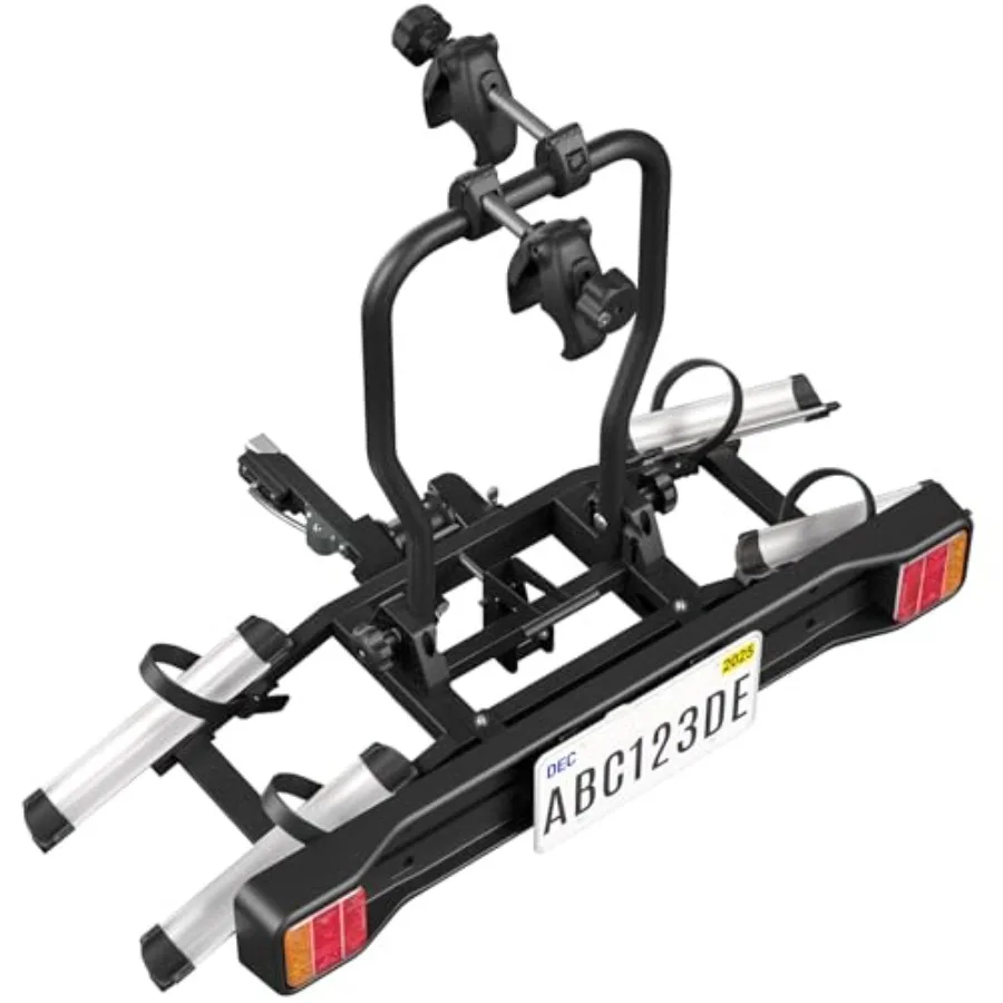 

2-Hitch Bike Rack with Integrated Taillights and License Plate Holder Adjustable Folding Design for Easy Storage and Secure Tra