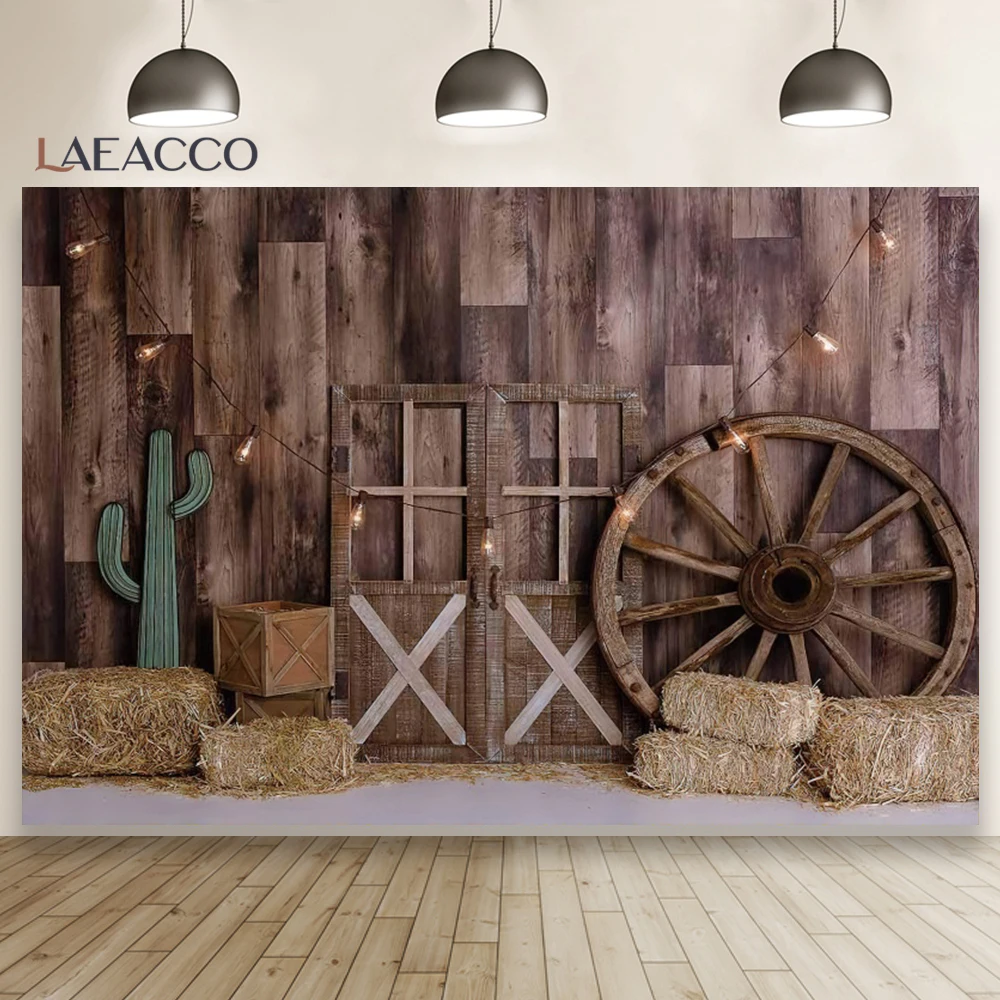 Laeacco Rural Countryside Straw Wooden Wall Wheel Photo Backdrops Photozone Flowers Potted Plants Photography Backgrounds Props