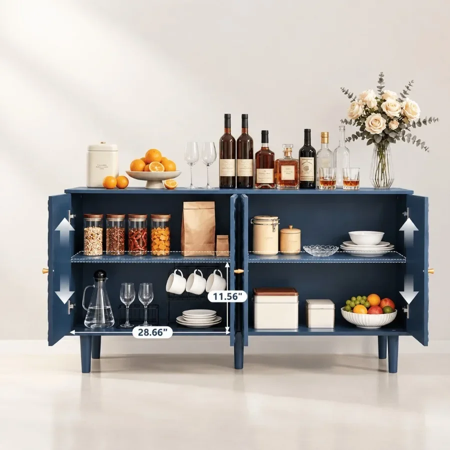 59 Buffet Cabinet with Storage for Dining Room, Midnight Blue Floral Embossed Metal Sideboard with Rust-Resistant Finish