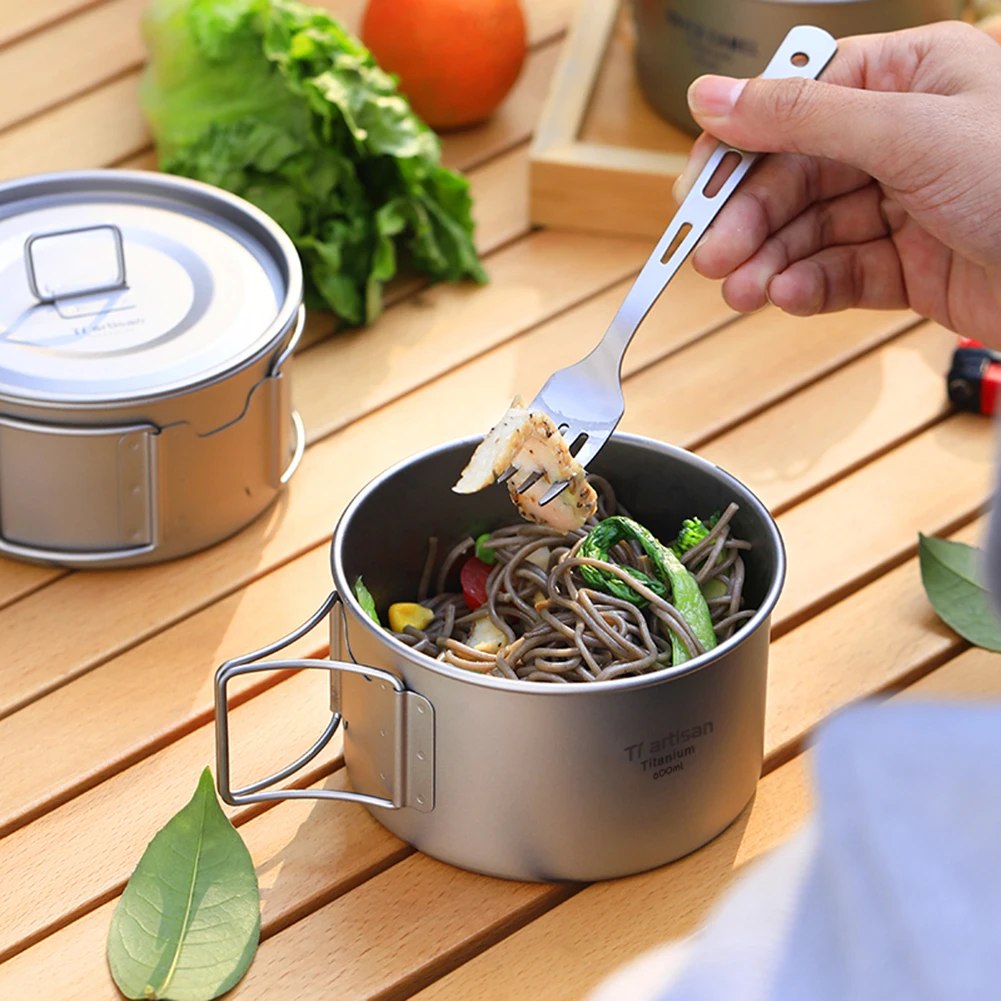 Camping Titanium Bowl With Folding Handle Camping Bowl Dinner Food Container Outdoor Pan Cookware Set Camping Supplies Picnic