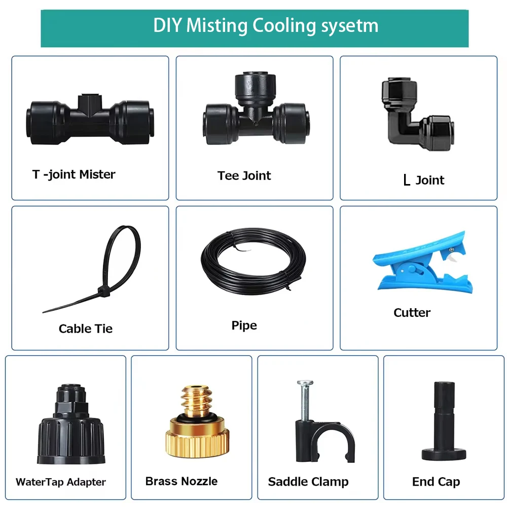 DIY Misting Spray Accessories Water Tap Low Pressure 3-20Bar Misting Cooling nozzle, End Plug, Connector,Tube