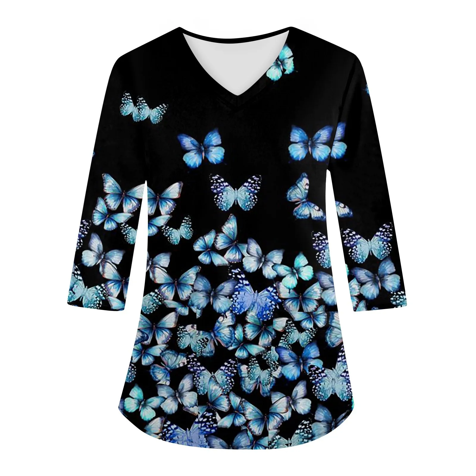 Women's Clothing V-Neck Fantasy Butterfly Element 3D Printed Nurse Work Clothes with Pockets T-Shirt Casual Long Sleeved Top ﻿