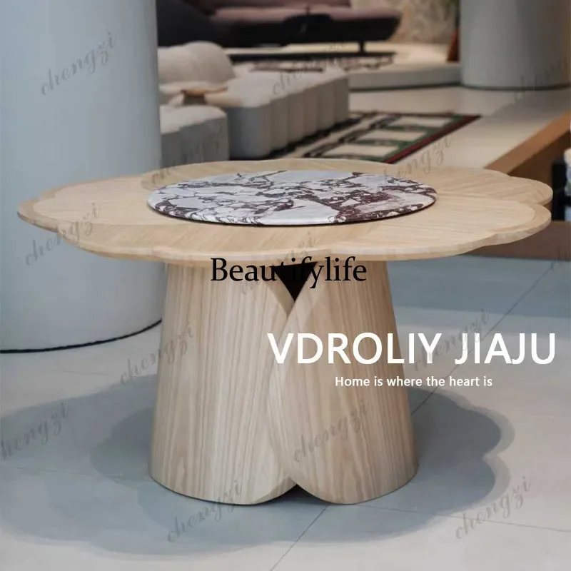 Medieval cream style solid wood designer dining table French retro petal marble round table household small apartmentA68