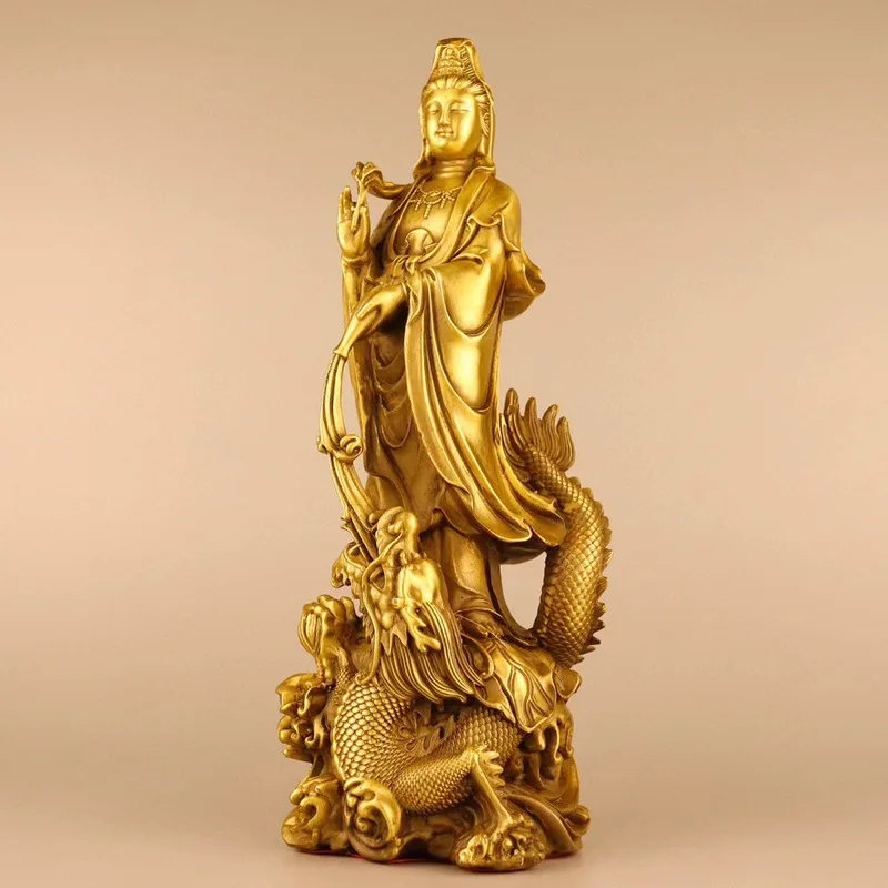 Brass Bodhisattva figurine, depicting Guanyin riding a dragon, with two dragons playing in the water, a free-standing Gu