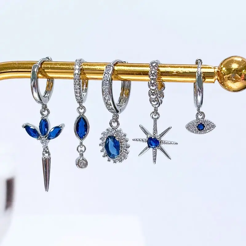 925 Silver Ear Needle Geometric/heart-shaped Royal Blue Zircon Pendant Silver Earrings Niche ins high-end Fashion Jewelry Gifts