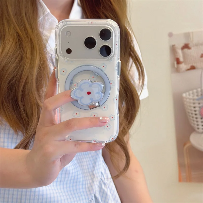 

Fashion Line Blue Little Flower Magnetic Phone Case For iPhone 17 Pro 16 15 14 Pro Max Cover with Stand Cute Cases For Magsafe C