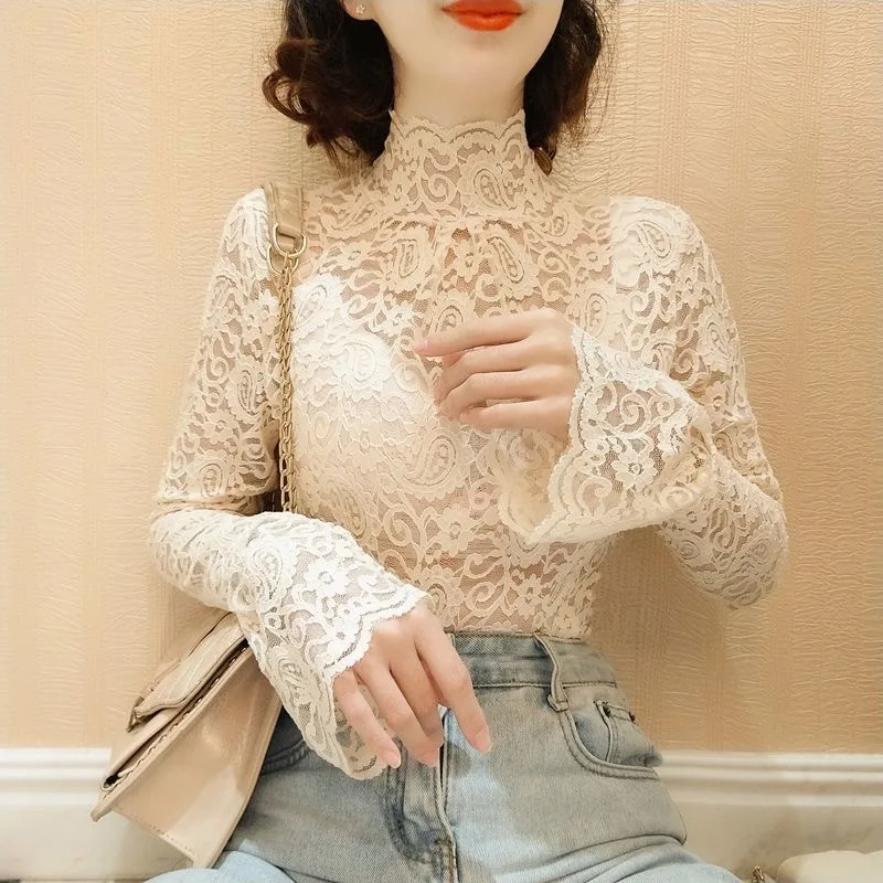 Elegant Turtleneck Ruffles Hollow Out Lace Blouse Women Clothing 2024 New Autumn Casual Pullovers Flare Sleeve Office Lady Shirt