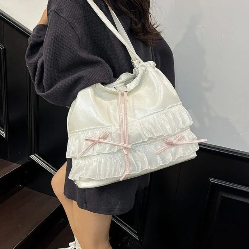 

HAEX Sweet Girls Ruffles Backpack Subculture Multifunctional Crossbody Shoulder Bags 2025 Trend Pearlescent Lace Bow Tote Bag