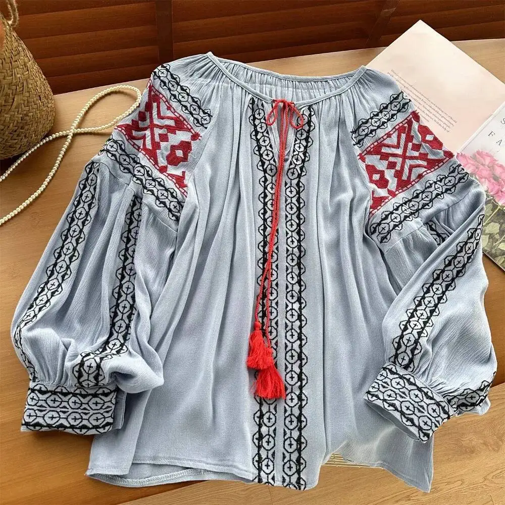 Babyoung casual o pescoço lanterna manga pesada colheita topo all-match vintage rendas até camisa bordado solto nova moda fresco blusas