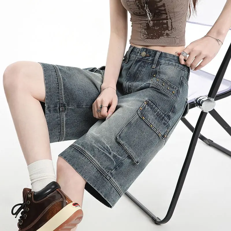 Women's Blue Rivet Pocket Denim Short Pants Y2K Japanese Harajuku High Street 90S Aesthetic Loose Wide Leg Jeans Shorts Clothing