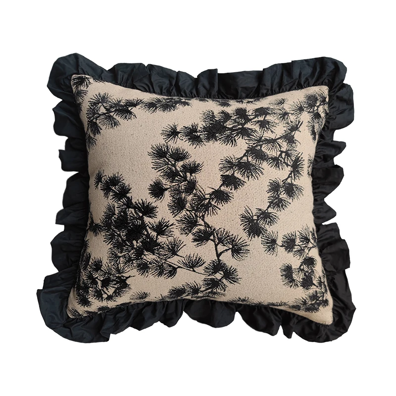 

Chinese Pine Pillow Cover Luxury French Pleats Black Jacquard Cushion Case Retro Art Home Cojines Sofa Chair Bedding Coussin