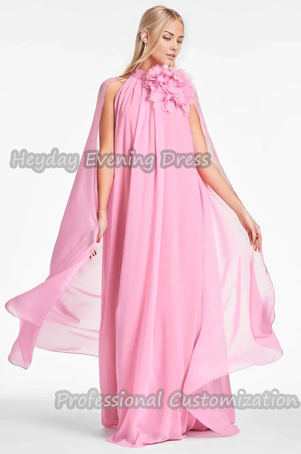 Heyday O-Neck Saudi Short Sleeves Flower A-Line Prom Gown Chiffon Ruffle Floor Length Elegant Dresses For luxurious Women 2024