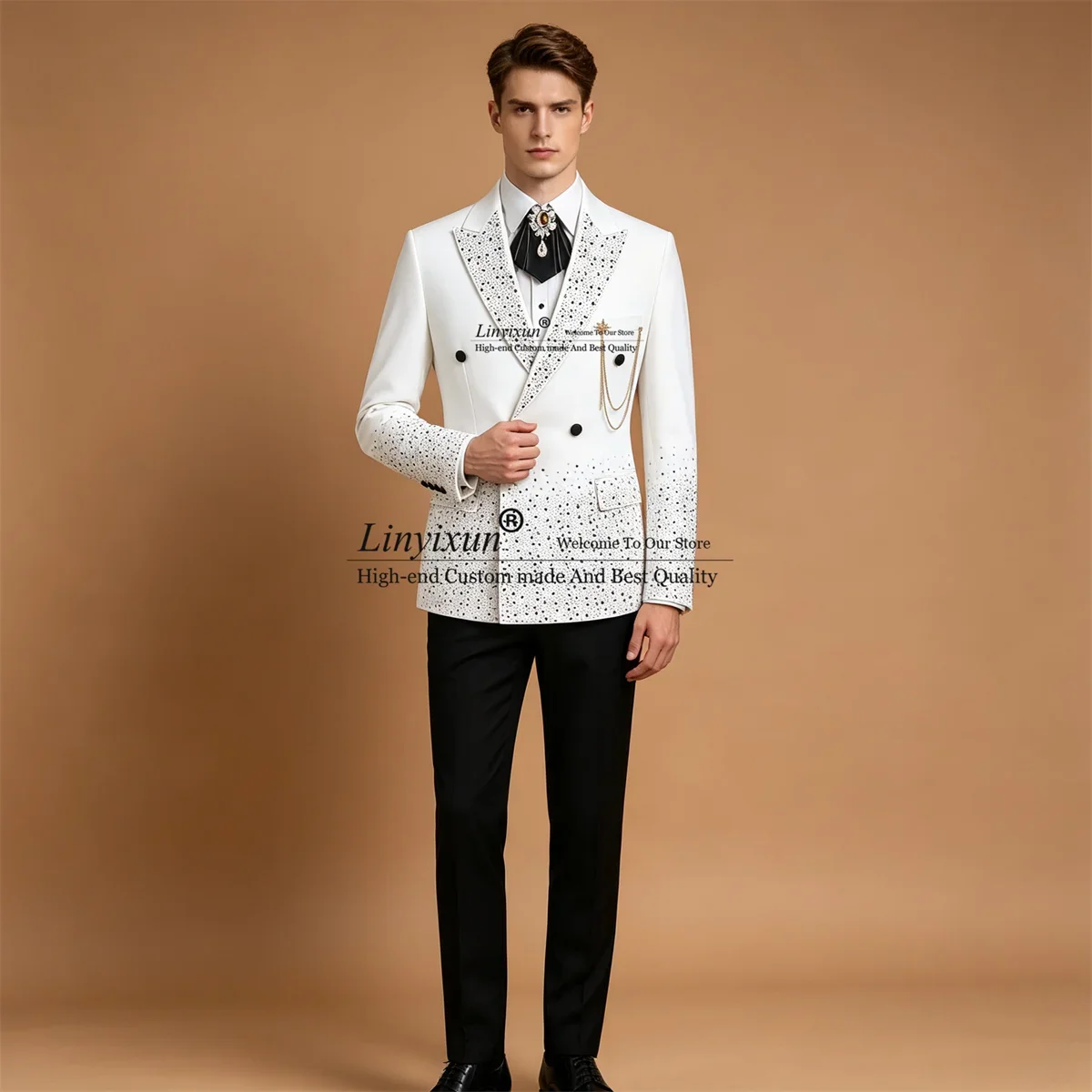 Handmade Jewelry Crystals Men Suits Slim Double Breast Groom Male Prom Blazers 2 Pieces Sets Wedding Party Tuxedos ropa hombre
