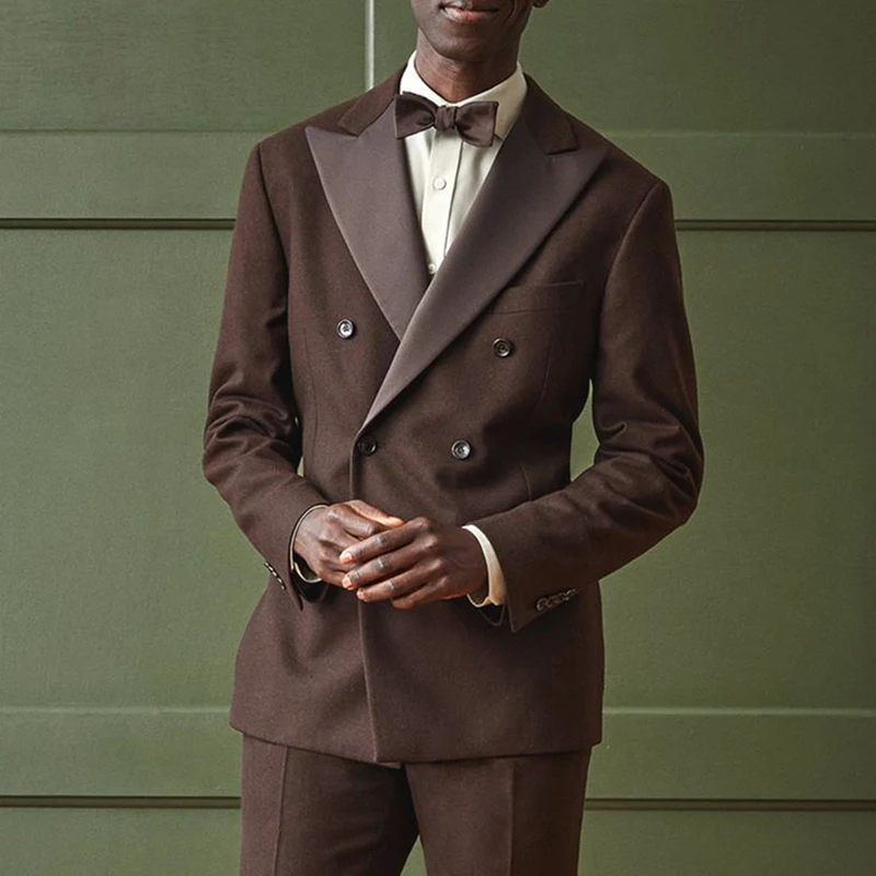 

High Quality Men Suits Brown 2 Piece Jacket Pants Double Breasted Regular Length Formal Blazer Slim Fit Costume Homme Tenro 2025
