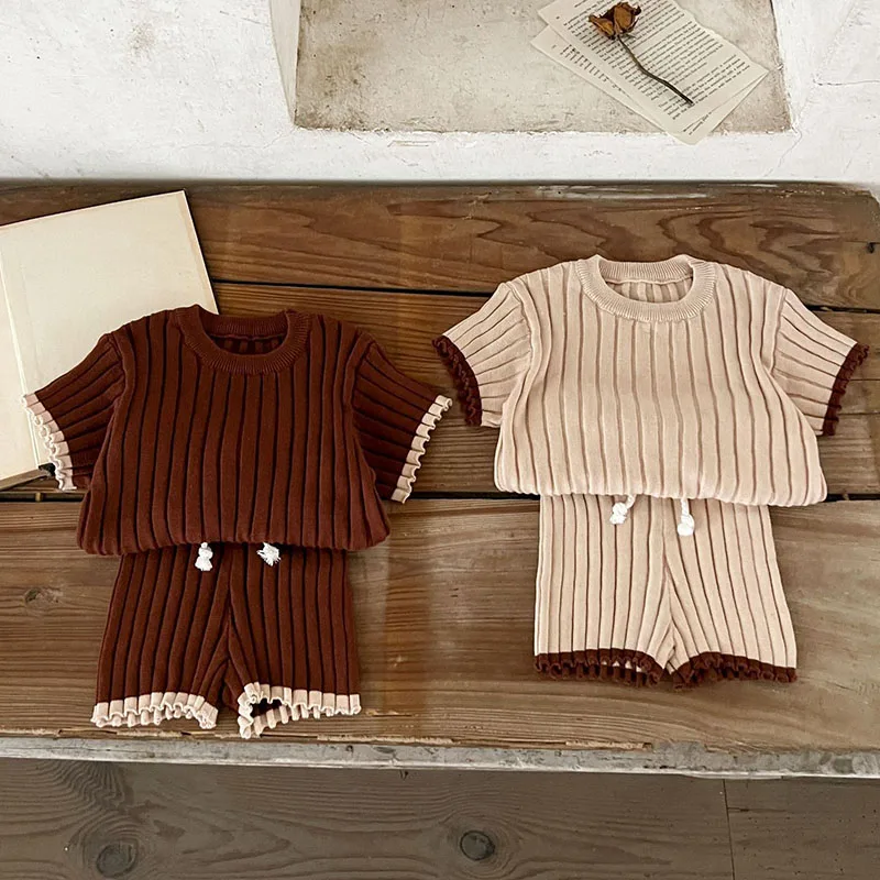 2025 New Spring Newborn Baby Girls Boys Clothing Set Short Sleeved Knitted Pullover Sweater+Shorts Children Clothes Suit