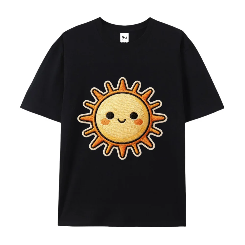 Cute Smiling Sun Faux Embroidery Graphic T‑Shirt Kawaii Happy Sun Print Crew Neck Cotton Casual Fashion Funny Trendy Tee Gift