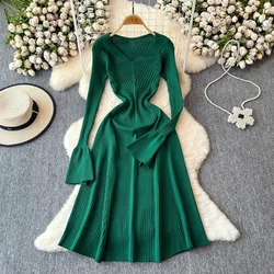 Elegant Knitted Long Dress Women Flare Sleelve V Neck Ruffles Solid Bodycon Dresses Party Fashion Office Lady Vestidos