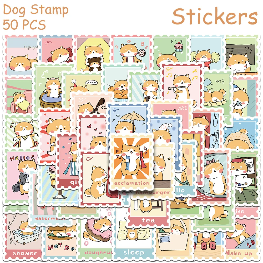 50pcs Cartoon Cute Dog Stamp Stickers Decals For Laptop Scrapbook Letter Skateboard Helmet DIY Cartoon Aesthetic Stickers
