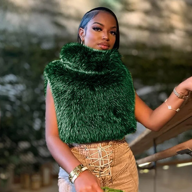 Women's Autumn & Winter New Arrival Stylish Solid Green Furry Gilet Warm Ropa Mujer 3