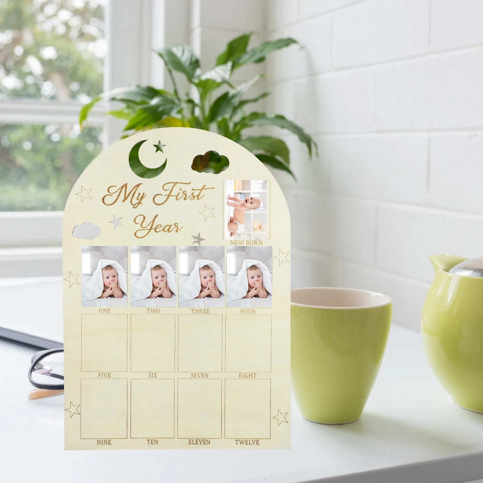 

One Year Birthday Wooden Photo Board Baby First Year Milestone Photo Board 12Month Picture Frame Ornament for Baby Birthday Gift