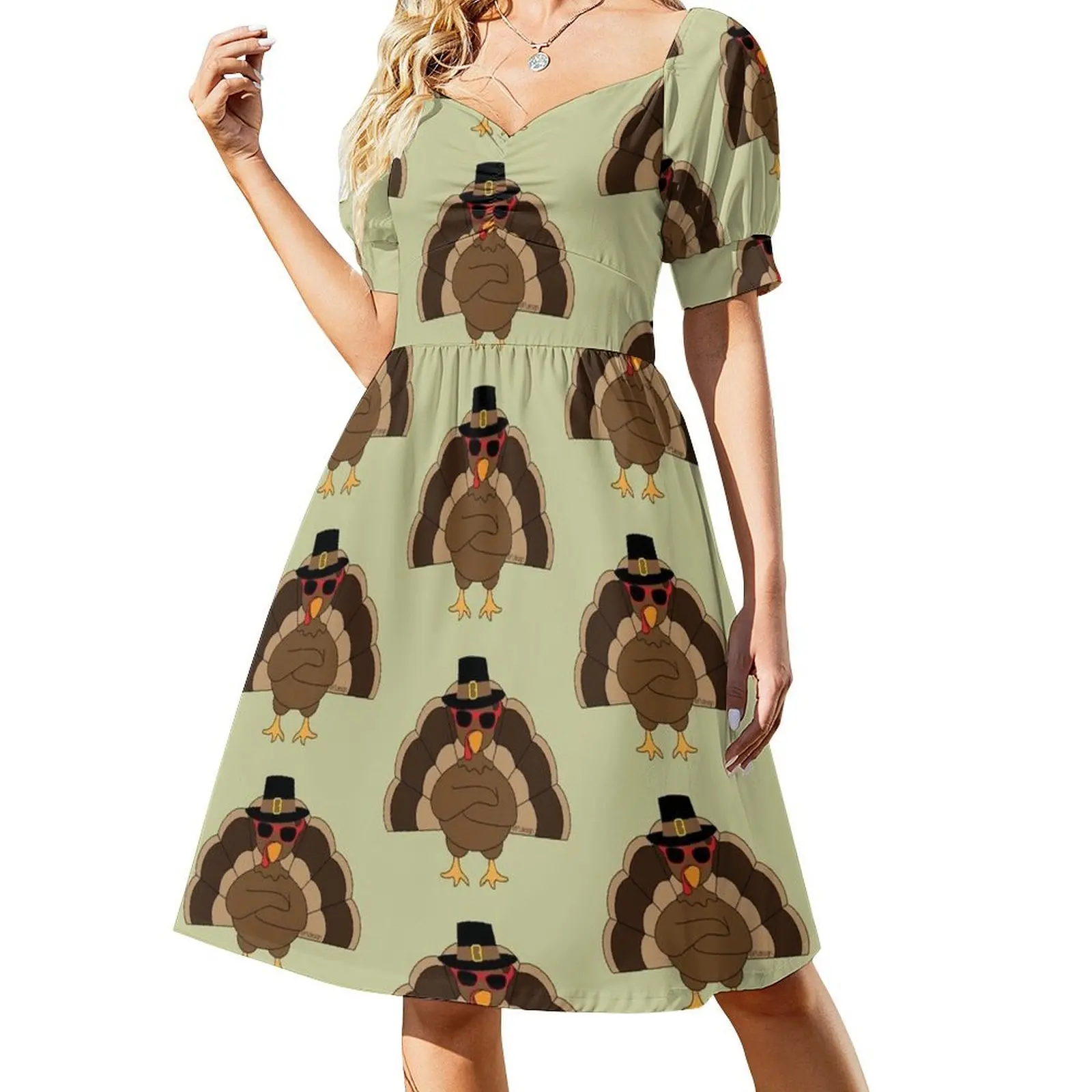 

Cool Turkey with sunglasses Happy Thanksgiving Short Sleeved Dress dress women summer summer dress