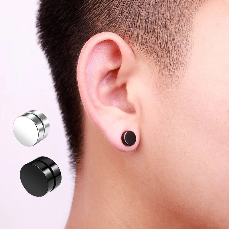 Classic 6/8/10 mm Double Side Black Magnet Round Circle Punk 316L Stainless Steel Stud Earrings for Women Men Magnetic Ear Studs