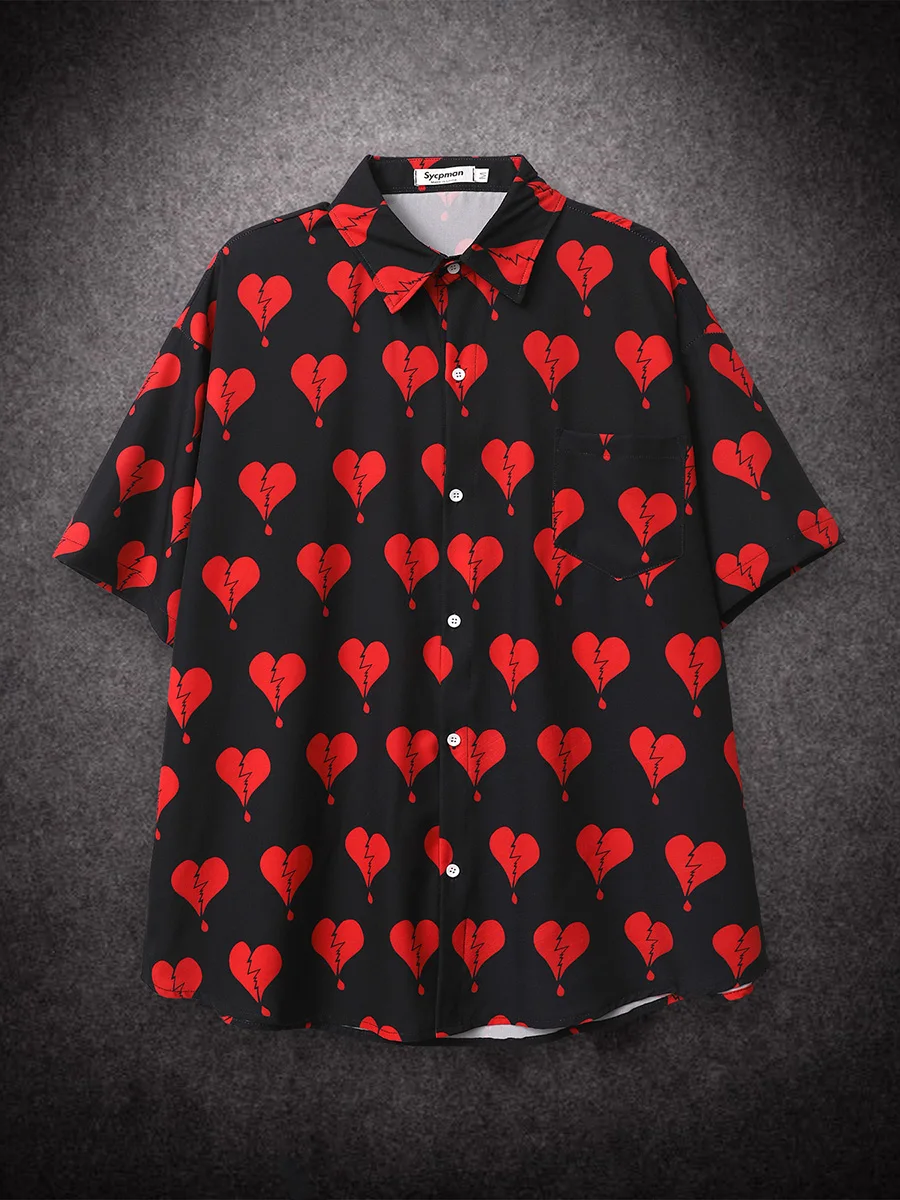 Oversized Loose Shirt Men Print Heart Retro Hiphop Short Sleeve Casual Shirts for Summer Beach Hawaiian Clothing