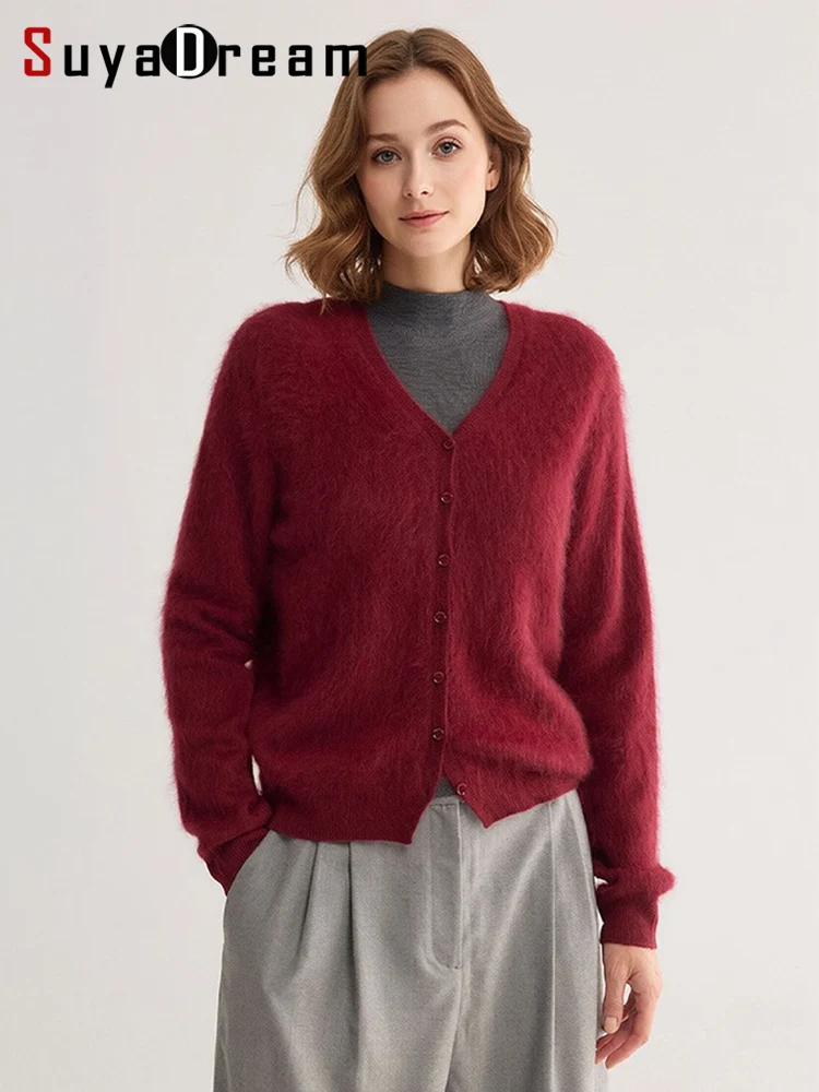 SuyaDream Women V Neck Brushed Cashmere Wool Cardigan Seamless One‑Piece Single Button Soft Fluffy Knit Outerwear Winter Sweater