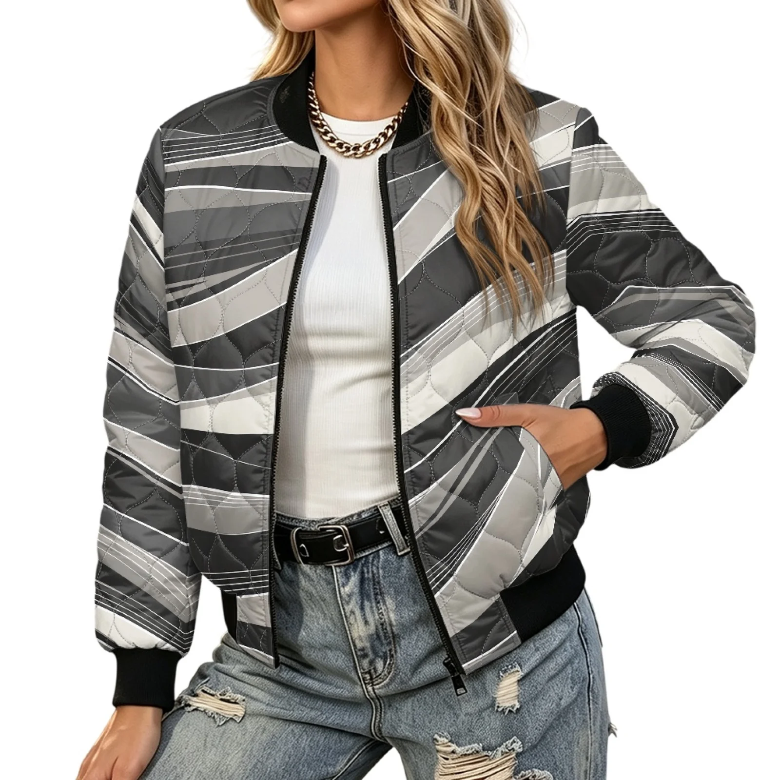 PENSTROLL Gray Striped Pattern Women Rib Cuff Long Sleeve Quilted Padded Jacket Cozy the Quilted Liner for Work