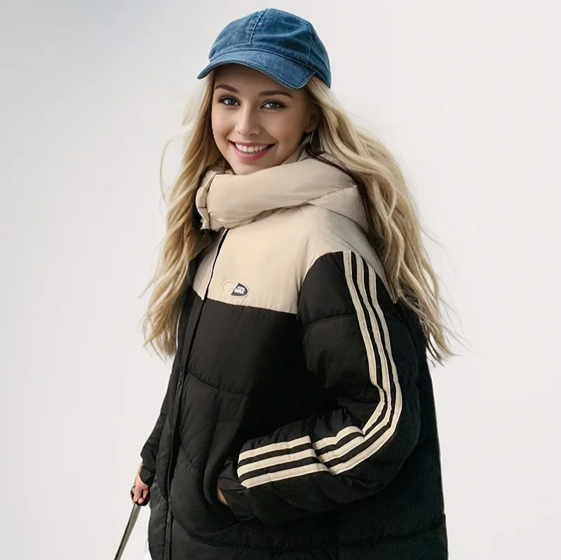

2025 Women's Winter Jacket Female Contrast Casual Hooded Cotton Jacket Women's Thicken Warm Parkas Coats Women's Padded Jacket
