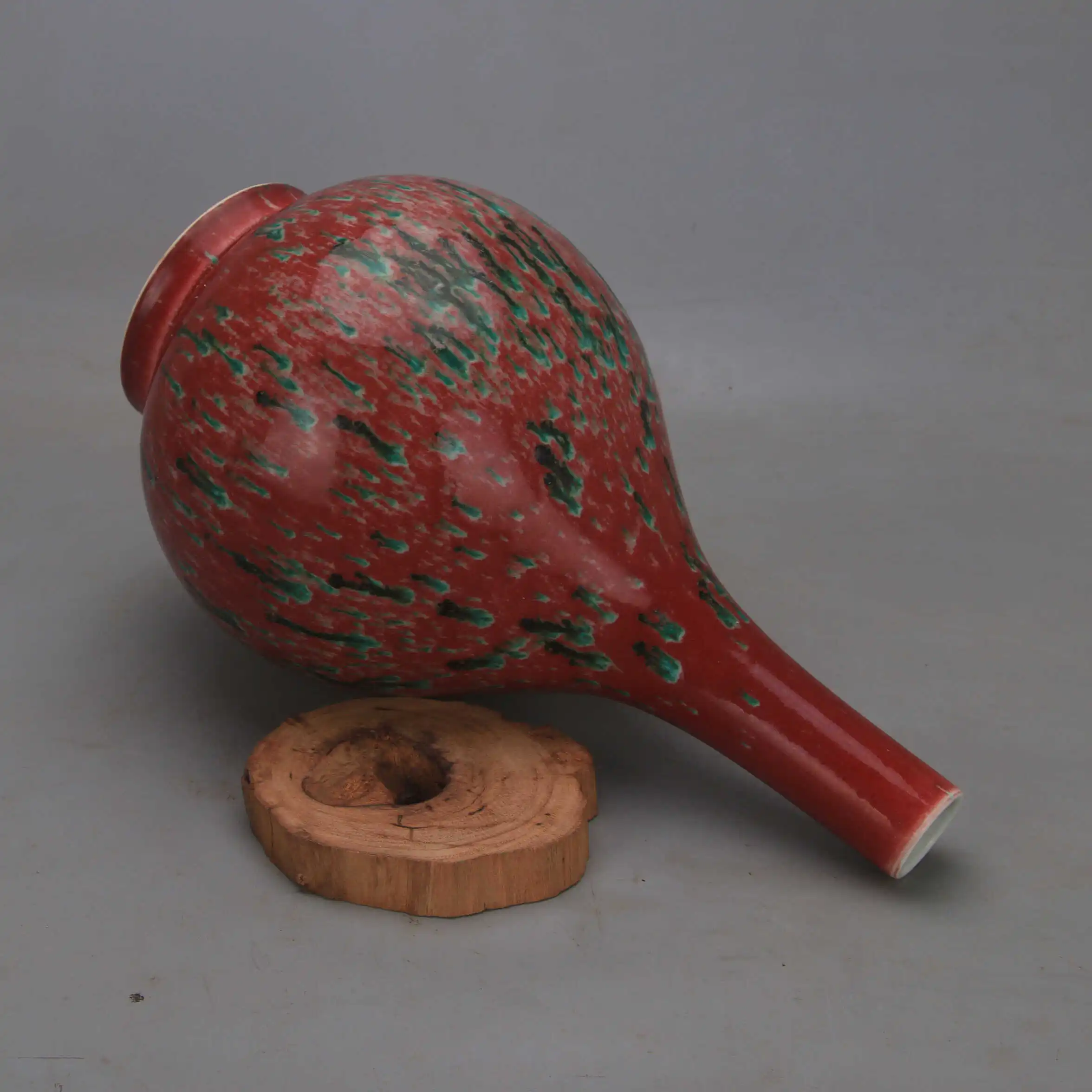 Kangxi Style Peachbloom Red Porcelain Gallbladder Vase with Splash Color Jingdezhen Antique Replica Home Decoration Ornament