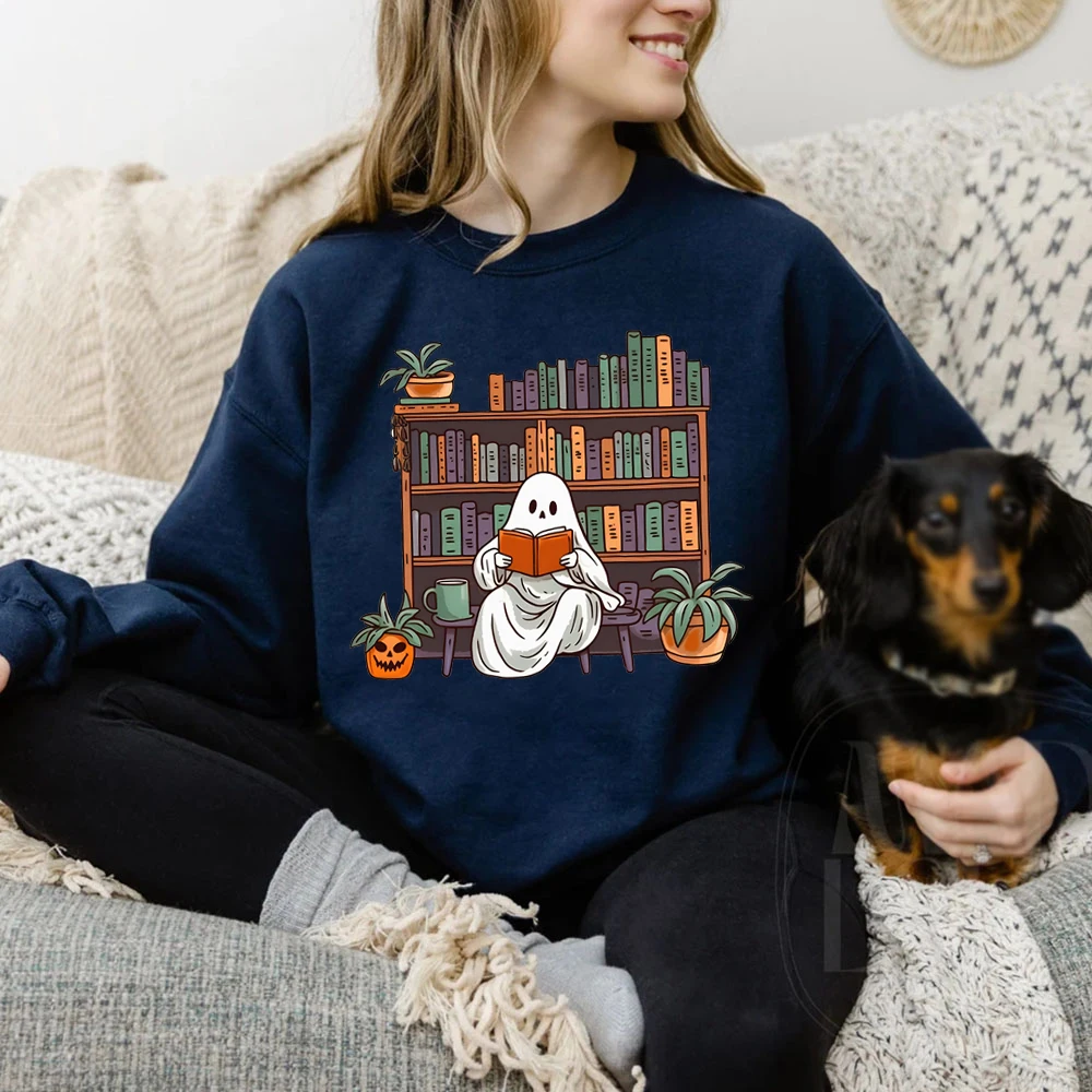 Bookish Ghost Sweater Spooky Library Sweatshirts for Book Lover Reading Hoodies Women's Clothing Pumpkin Crewneck Librarian Gift