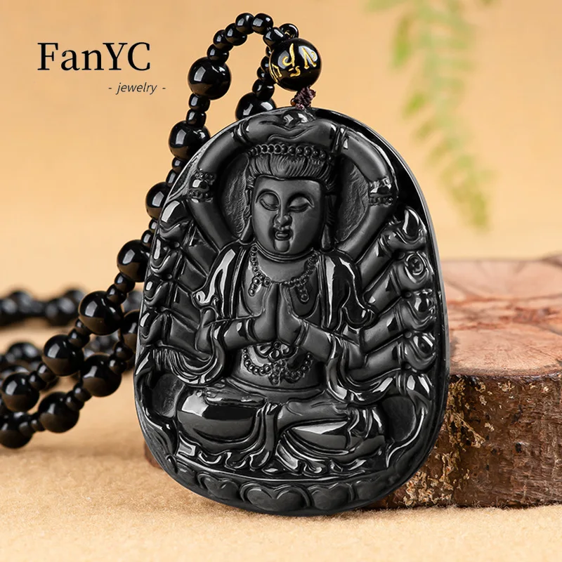 

Natural Jadeite Thousand Hands Goddess of Mercy Pendant Hand-carved Fashion Luxury Ice Ink Jade Necklace Men's and Women's Gifts