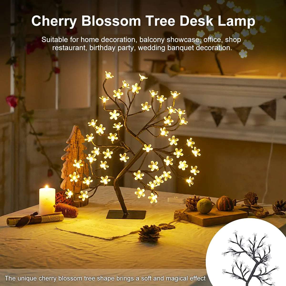 1PC Cherry Blossom Tree Light LED Artificial Flower Bonsai Tree Tree Valentine's Day Christmas Decoration 48 LED Brown Branch