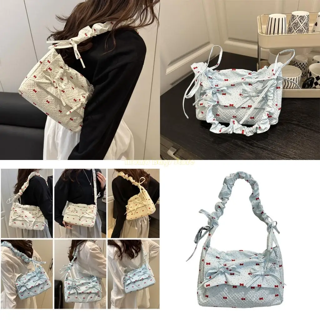 

X90D Ergonomic Ruffled Shoulder Bag Floral Pattern Bows Accent Adjustable Length Strap Large Capacity Practical Polyester Fabric